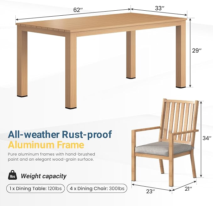 Wisteria Lane Aluminum 7 Pieces Patio Dining Sets, Outdoor Dining Table with 6 Chairs, Outdoor Patio Dining Furniture Set with Removable Cushion for Lawn, Garden, Backyard, Brown