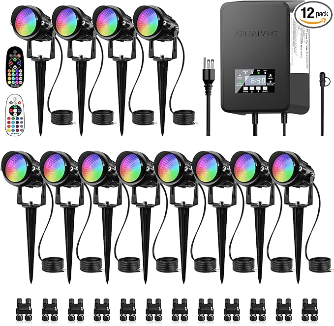 SUNVIE RGBW Landscape Lighting Kit with 300W Transformer, Waterproof, 12PCS | 12-24V LED Low Voltage Landscape Lights, Aluminum Landscape Spotlights Color Changing for Christmas House Yard Tree Garden