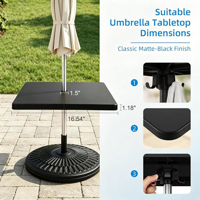 Outdoor Umbrella Table Tray with Hooks, 16.54" Square Black ABS Plastic, Adjustable, Fits 1.5" Umbrella Pole for Beach, Backyard, Poolside, Garden, Patio