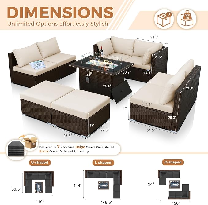 BULEXYARD 9 Piece Highback Patio Furniture Set with Fire Pit Table, Modern Modular Outdoor Sectional Couch Sofa with Ottoman, 8-Person Backyard Seating for Outside, Deck, Brown Wicker & Black Cushion