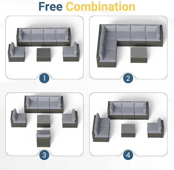 Wisteria Lane 7 Piece Outdoor Patio Furniture Set, All Weather Wicker Rattan Sectional Sofa Conversation Set with Cushions & Glass Coffee Table, Ideal for Garden Backyard Porch Balcony, Light Grey