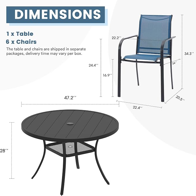 DIFY Outdoor Dining Set for 6, Patio Dining Furniture Set Includes 47.2" Black Round Table with Adjustable Umbrella Hole and 6 Blue Stackable Metal Chairs for Poolside, Garden, Backyard