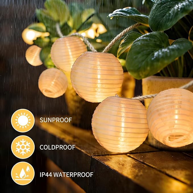Outdoor Solar String Lantern Lights 30.7FT,Outdoor IP44 Waterproof 20 Lantern Added 1 Lantern Lights,8 Modes Solar Type-C Powered Patio Lights for Backyard Garden Cafe Bistro Party Decor