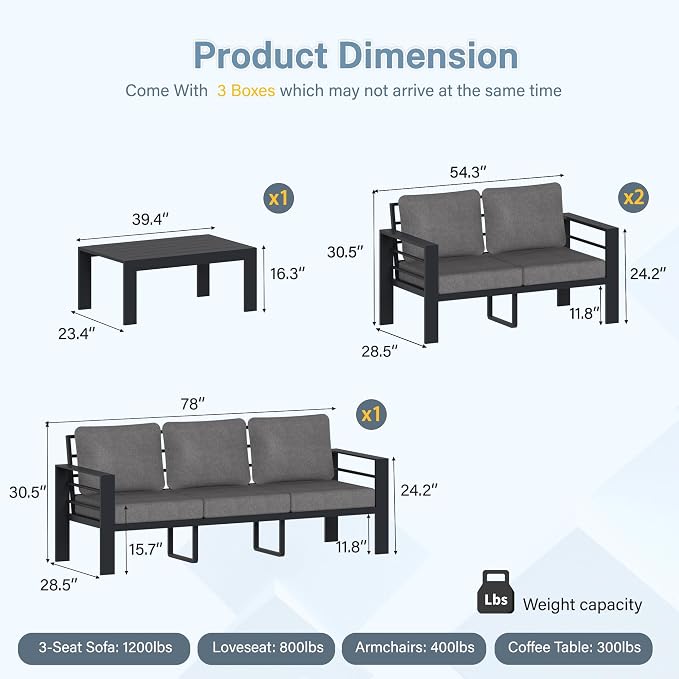 7-Seat Aluminum Patio Furniture Set, 4-Piece Oversized Metal Outdoor Conversation Set with 4" Thick Washable Cushions, Sectional Sofa with Coffee Table for Backyard, Garden, Poolside