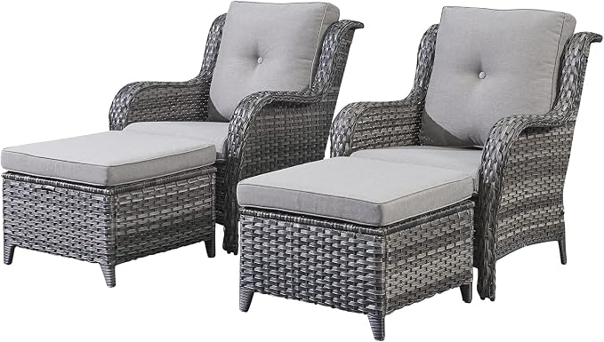 Rilyson Luxury 4 Pieces Patio Wicker Furniture Ottomans, Wicker Patio Chairs Set of 2 with Ottoman, Rattan Outdoor Porch Chair with Thick Cushion for Balcony Deck Yard and Porch (Grey/Grey)