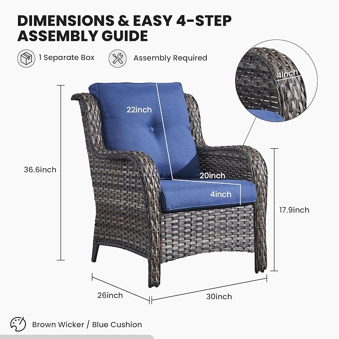 Belord High Back Patio Chairs Set of 2 - Gray Wicker Outdoor Seating, 4" Wide Armrests Rattan Outdoor Club Chairs with Blue Removable Cushion for Deck Porch Backyard