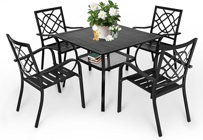 5 Piece Outdoor Patio Dining Set, Metal Patio Furniture Set Outdoor Square Slatted Dining Table with Umbrella Holes & 4 Stackable Chairs for Backyard, Garden
