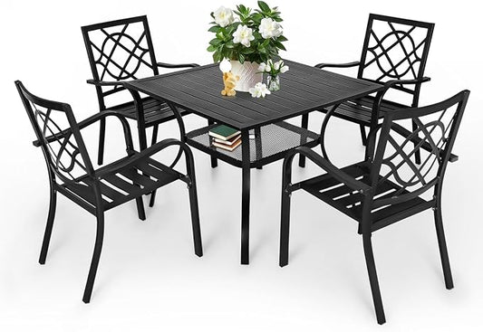 5 Piece Outdoor Patio Dining Set, Metal Patio Furniture Set Outdoor Square Slatted Dining Table with Umbrella Holes & 4 Stackable Chairs for Backyard, Garden