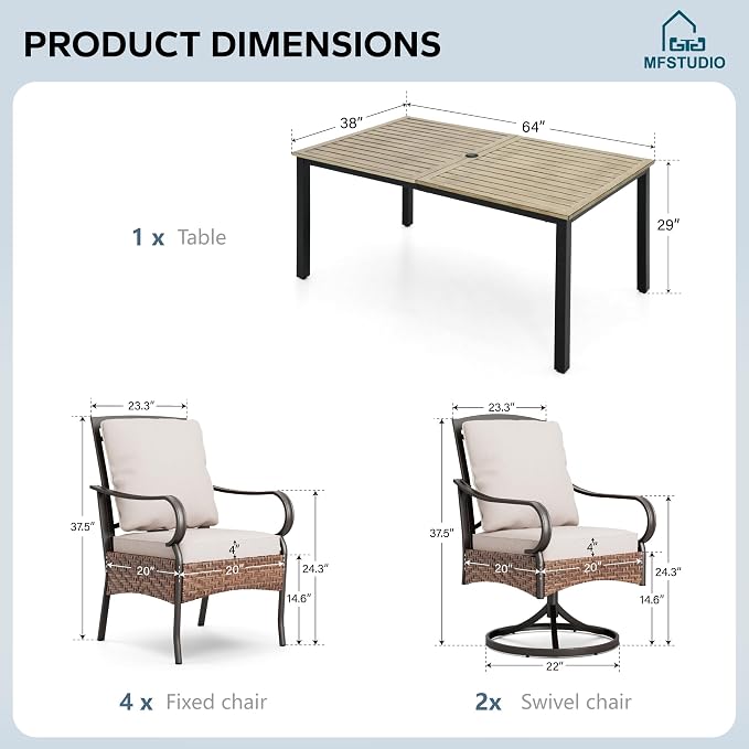 MFSTUDIO Outdoor Patio Dining Set for 6, Outdoor Table and Chairs for 6, Rectangular Metal Table with 2 Swivel Chairs & 4 Leg Chairs, 7 Pieces Patio Dining Furniture Set, 1.6-2'' Umbrella Hole