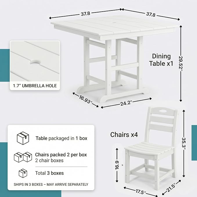 5-Pcs Outdoor Patio Dining Table Set of 5, Outdoor Patio Square 37.8'' Dining Table Set for Lawn Garden Backyard, HDPE Material & 1.7'' Umbrella Hole (Armless Chair, White)