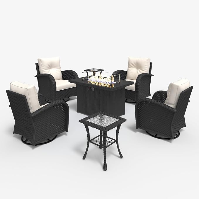 LayinSun 7 Pieces Outdoor Patio Furniture Set with Fire Pit Table, Rattan Wicker Sectional Swivel Rocker Chairs Sets