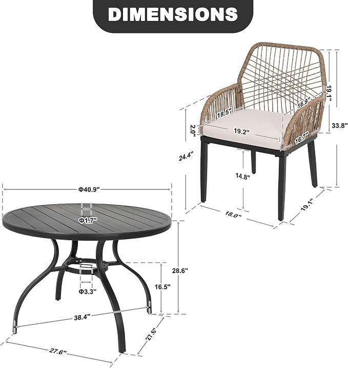 NUU GARDEN 5-Piece Outdoor Dining Set, Round Outdoor Table and Chairs for 4, All Weather Patio Furniture Set with Umbrella Hole, Handwoven Twisted Rattan Outdoor Chairs with Cushions, Brown and Black