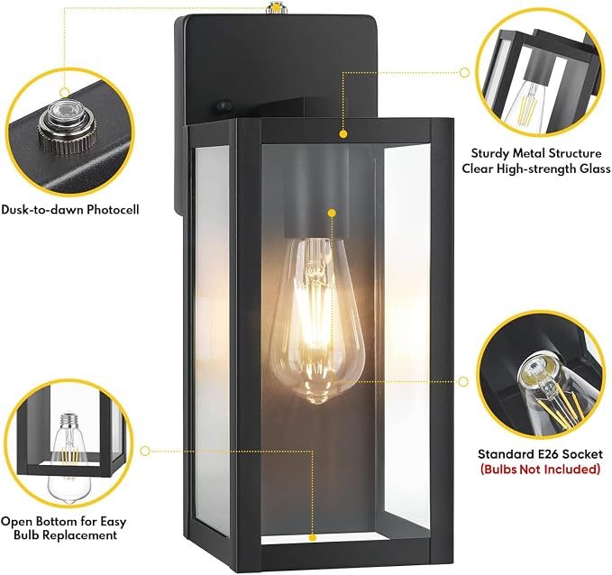 BesLowe 2-Pack Dusk to Dawn Outdoor Wall Lights, Black Exterior Sconces | Auto ON/OFF, Waterproof, Rust-Resistant, Durable Metal with Clear Glass, Standard E26 Socket, Easy to Install