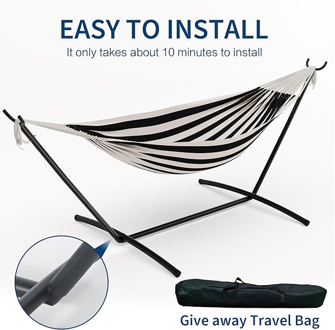 Double Hammock with Steel Stand, 450lbs Capacity Heavy Duty 2 Person Portable Cotton Hammocks for Backyard Patio Garden Camping, Carrying Bag Included, Brazilian Style