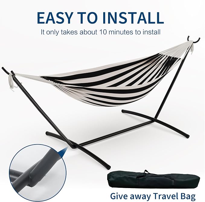 Double Hammock with Steel Stand - 2 Person Hammock Bed Indoor Outdoor, Brazilian-Style, with Carry Bag, 450lb Capacity, Portable & Easy Assembly, Black