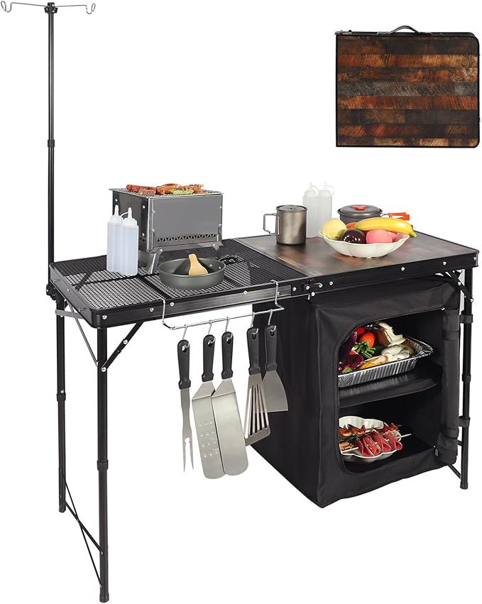 REDCAMP Portable Camping Kitchen Table, 4ft Folding Camping Grill Table with Storage Organizer and Telescoping Light Stand, Outdoor Cooking Station for BBQ, Party and Picnic