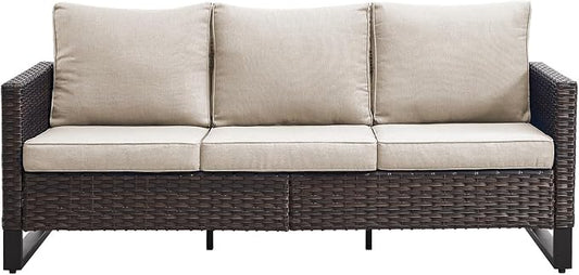 Belord Outdoor Couch Patio Furniture: Wicker Patio Sofa with Deep Seat High Back, 800Lbs Weight Capacity Oversize Outdoor Seating 3 Seater Rattan Couch, Anti-Rust Frame, Brown