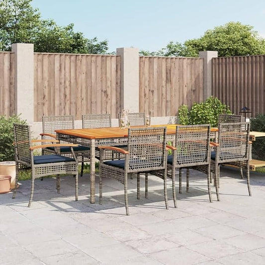 9 Piece Patio Dining Set with Cushions Gray Poly Rattan Outdoor Dining Table for 8, Acacia Wood Top, UV-Proof Steel Frame for Garden Backyard Relaxation