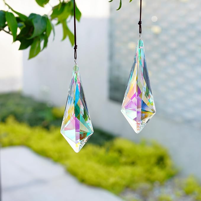 2 Pcs AB Coating Crystal Horn Prism Suncatcher Rainbow Window Decor | AB Coating Crystal Horns Prisms Suncatcher Rainbow Maker Hanging Pendants for Wedding Party Christmas Tree Window Decor