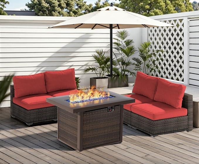 Patio Furniture Set 5 Pieces with 44" Fire Pit Table, Rattan Outdoor Sectional Conversation Sets, All Weather Outdoor Furniture Set with Cushions for Garden Lawn Balcony Porch Deck Red