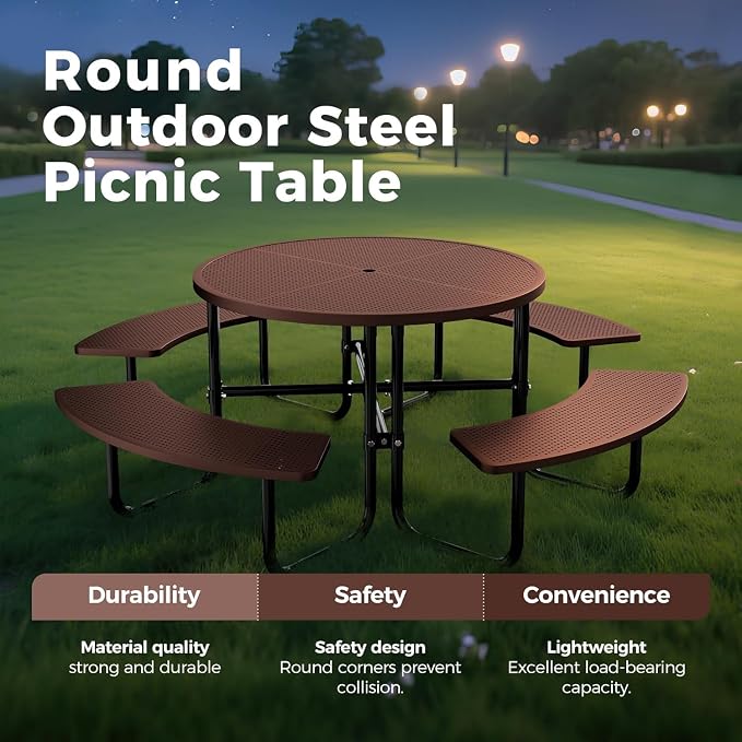 46" Coated Round Metal Picnic Table for 4-8 Person, Durable Heavy Duty Commercial Picnic Table with Umbrella Hole for Outdoor Coffee Shop, School, Easy to Install, Brown