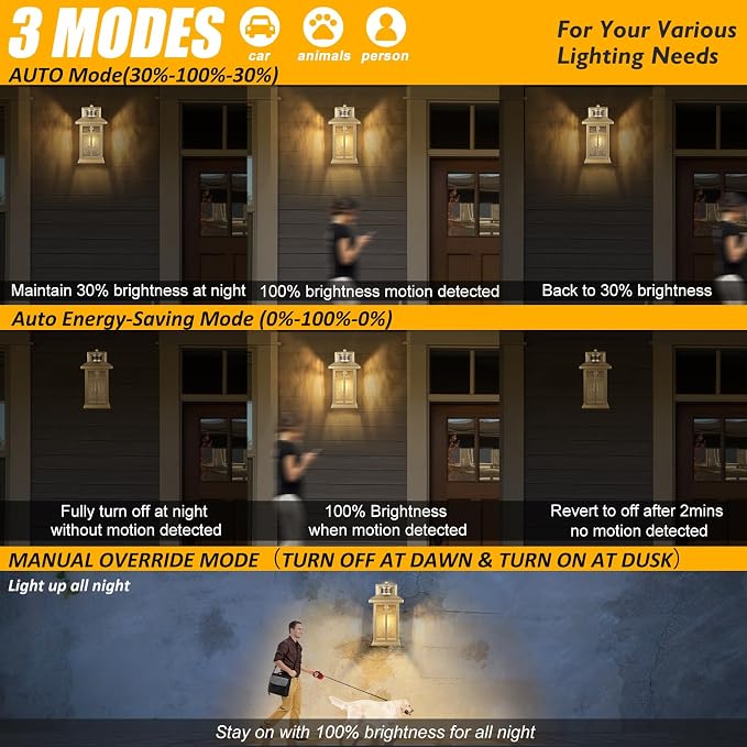 Exterior Motion Wall Sconce, 2 Pack Outdoor Light Fixture Wall Mount Gold | Hardwired Exterior Light Sconces with E26 Sockets & Tempered Glass, Wall Mounted Black Waterproof Outdoor Lights for House
