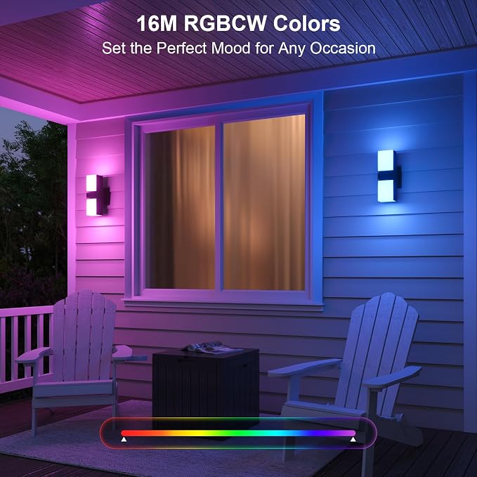XMCOSY+ Smart Outdoor Wall Lights, 1400LM RGBCW Porch Lights 2-Pack | Smart App Control, Alexa Compatible, Color Changing Warm & Cool White, IP65 Waterproof 350° rotating dual heads Wall Sconce