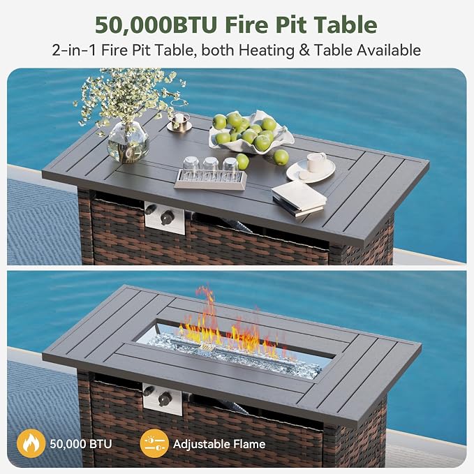 Aoxun 11 Piece Outdoor Patio Furniture Set with 44'' Fire Pit Table, Wicker Rattan Outdoor Furniture with High Back Swivel Rocker Chairs, Outdoor Sofa Set with Thick Cushion & Side Table, Beige