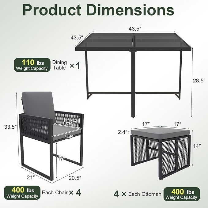 Tangkula 9 Pieces Patio Dining Set, Outdoor Space-Saving Furniture Set with PE Rattan Chairs, Tempered Glass Table and Ottomans, Outdoor Sectional Conversation Set with Cushions for Yard