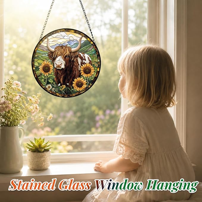 Highland Cow Stained Glass Suncatcher Window Hanging Gifts for Women Men | 9.8in Garden Sun Catcher, Cow Sunflowers Ornament for Windows Door Home, Mother's Day Birthday Gifts for Animal Lovers