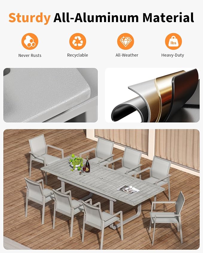 9-Piece Expandable Patio Dining Set for 8, Never-Rust Aluminum Patio Table and Chairs Set, Outdoor Dining Set Outdoor Furniture Set with Stackable Dining Chairs for Deck, Lawn, Poolside