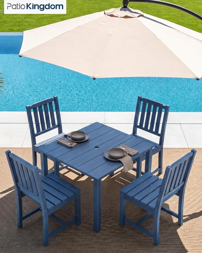 HDPE Outdoor Dining Set for 4, Square Table and Chairs, Navy | All-Weather HDPE, Wood Grain Finish, 42.5" Square Table, Built-In Umbrella Hole, Seats 4, Patio & Poolside Ready