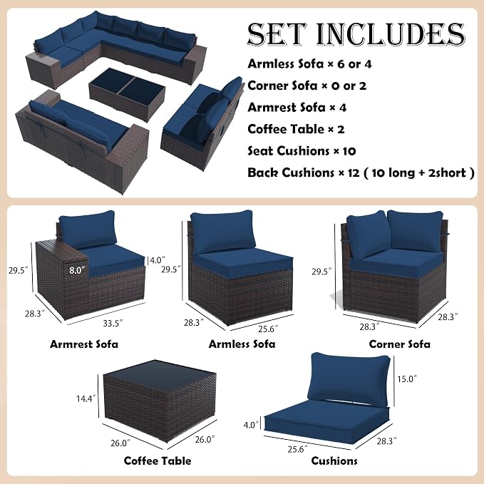 Gotland 12 Pieces Patio Furniture Set, Wicker Outdoor Sectional with Wide Armrests 29.5'' High Backrest 4'' Thick Waterproof Cushions, Oversized Patio Furniture for Deck Garden Navy