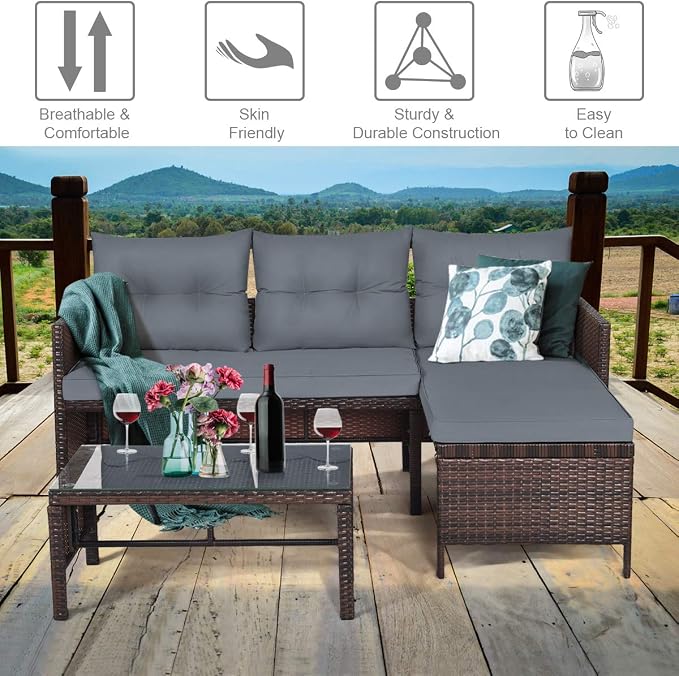 DORTALA Wicker Patio Furniture Set Couch 3 Piece, L-Shaped PE Rattan Outdoor Sectional Sofa Conversation Set with Loveseat, Lounge and Tempered Glass Coffee Table for Garden Lawn Deck, Grey