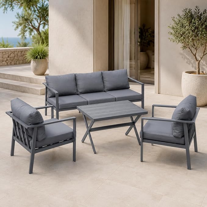 Aluminum Patio Sectional Furniture Set,4 Piece Patio Conversation Sets Outdoor Patio Furniture Set Sofa with Coffee Table & Washable Cushions Grey