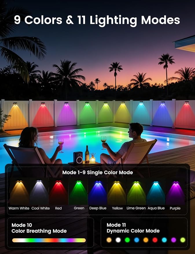 Solar Fence Lights Outdoor, 12 Pack Color Changing Fence Lights Solar Powered with 9 RGB Colors & 11 Lighting Modes, IP65 Waterproof Dusk to Dawn Fence Lights for Patio, Deck, Wall, Backyard