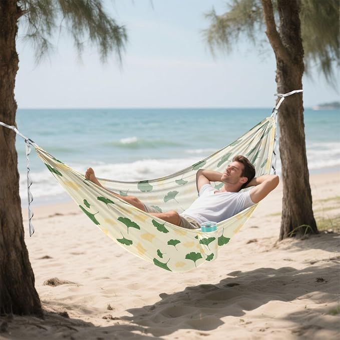 Camping Hammock Outdoor Hammocks for Outside Yellow Ginkgo Leaves Beach Trees Portable Lightweight with Pockets Tree Straps Indoor