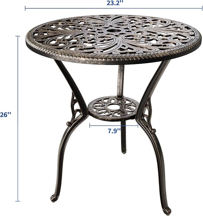 23" Round Cast Aluminum Patio Bistro Table, Outdoor Coffee Bistro Side Table with Umbrella Hole, Antique Design Dining Desk for Backyard, Garden, Porch, Pool, Balcony, Bronze