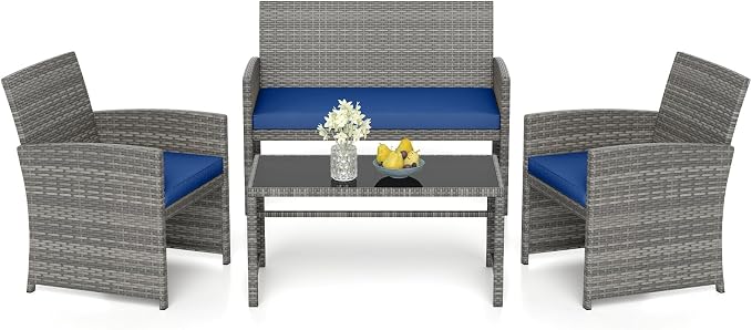 RELAX4LIFE 4-Piece Patio Furniture Set - Wicker Rattan Outdoor Sectional Sofa Set w/Glass Coffee Table, Loveseat, 2 Single Chairs & Soft Cushions, Bistro Conversation for Garden Porch (1, Navy)