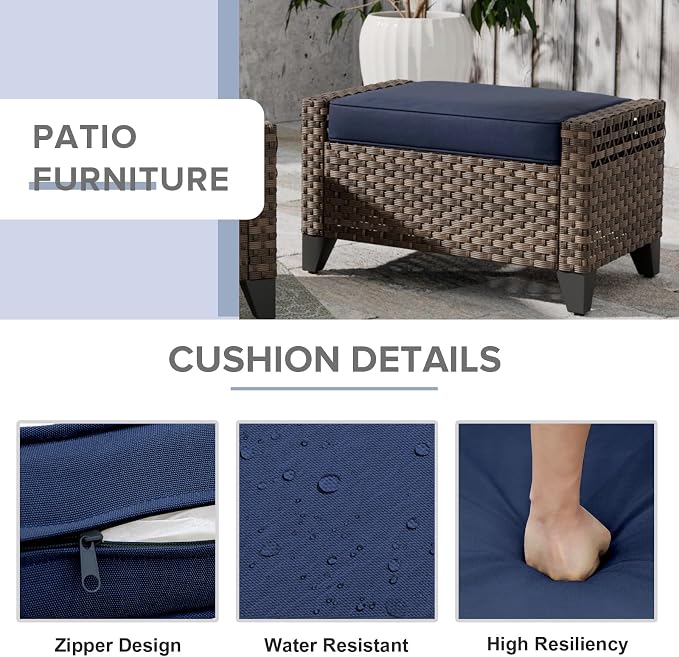 COOS BAY Modern Wicker Outdoor Furniture Set, 3 Piece Patio Conversation Set with a 3 Seat Couch and 2 Ottomans, 3 Piece, Brown/Blue