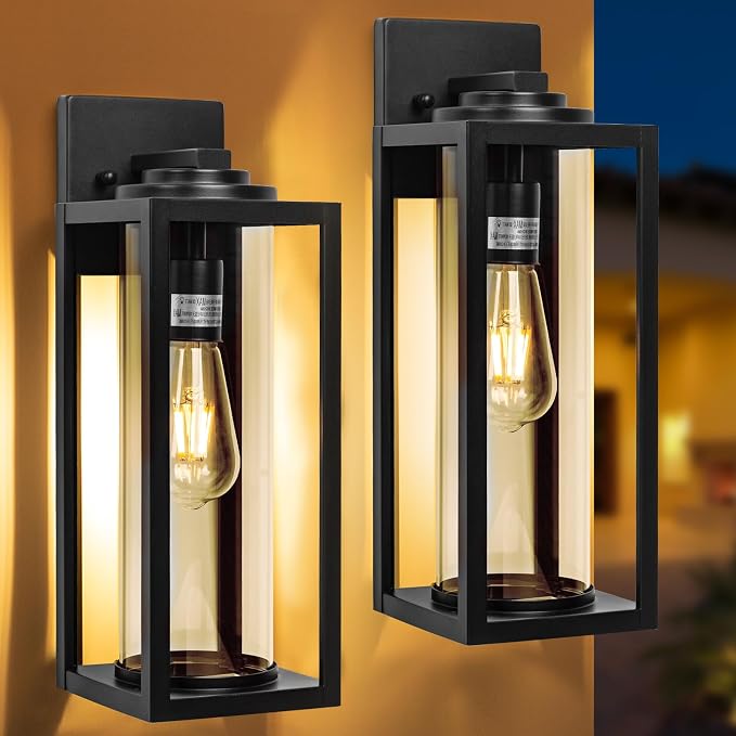 FILIYANO Large Outdoor Wall Lights, 16 Inch,Modern Exterior Fixtures,2 Pack | Anti-Rust, Waterproof, Black Exterior Lantern with Clear Glass, Farmhouse Wall Lighting Sconces for Garage, Porch, Front Door