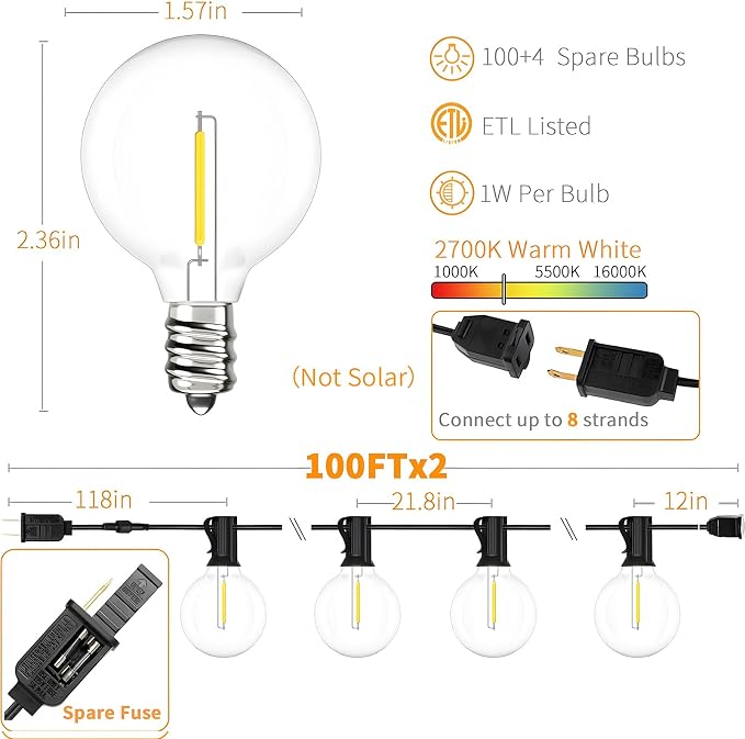 Svater 200 FT Outdoor String Lights for Outside Patio 104 Bulbs Waterproof | Commercial Grade Hanging Globe Lighting, Shatterproof G40 LED Bulbs, For Bistro Cafe Market Backyard ETL 2700K (2*100)
