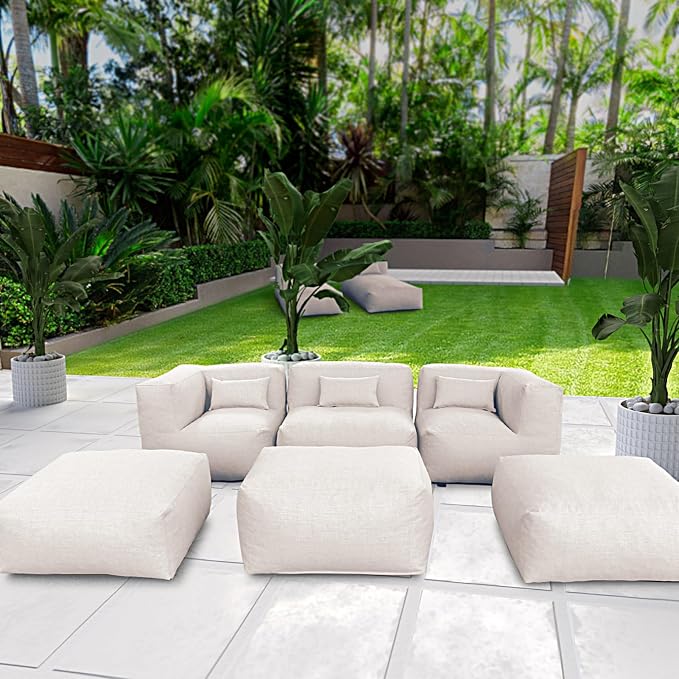 ANNYH PortoCervo 6PCS Patio Outdoor Furniture Sectional Conversation Set Combines 1 Middle & 2 Corner Chairs, 3 Ottoman, Foam Filled Bean Bag Chairs Modular Contemporary Sofa Comfy Couch, Light Beige