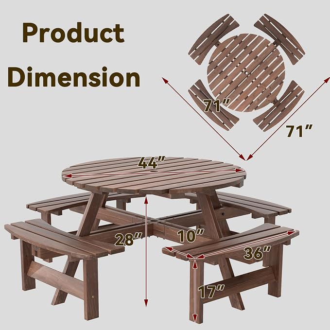 HAPPYGRILL 8-Person Wood Picnic Table Bench Set, Round Camping Table w/Umbrella Hole, Circular Outdoor Table w/4 Built-in Curved Benches, for Patio, Garden, Backyard, Porch (Brown)