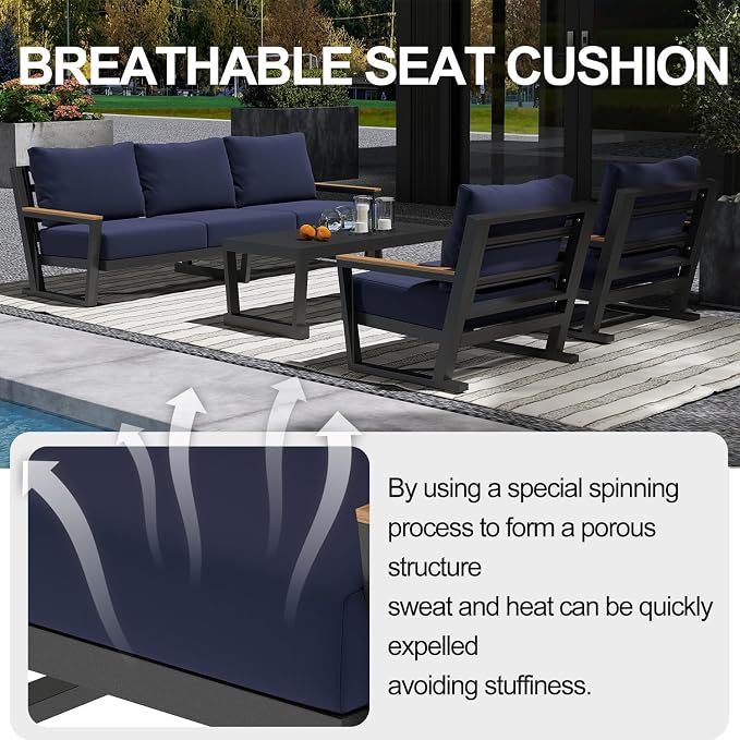 Aluminum Outdoor Patio Furniture Set with Coffee Table,4 Piece Patio Conversation Sets with Washable Thick Cushions, Outdoor Sectional Furniture Set for Porch, Balcony, Deck, Yard, Blue