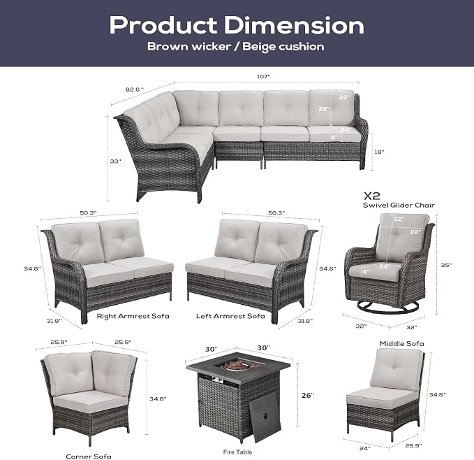 Belord Patio Furniture Set with Fire Pit Table, Outdoor Swivel Rocker Patio Chairs, Oversized Outdoor Sectional Couch, Two 3-Seater Sofas with Coffee Table, Ideal for Porch, Deck, Grey Wicker/Beige