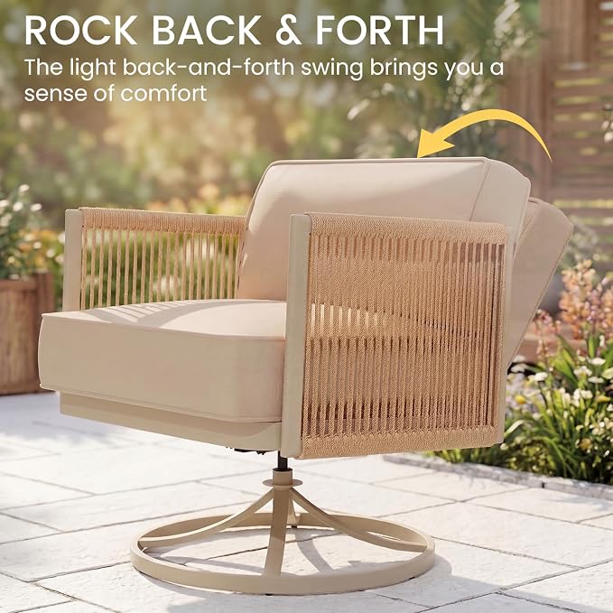 EROMMY 4 Piece Patio Furniture Set, Metal Frame Outdoor Swivel Glider Rocking Chairs with 6" Thick Cushions, Loveseat & Coffee Table, Patio Conversation Sets for Backyard, Poolside & Balcony, Beige