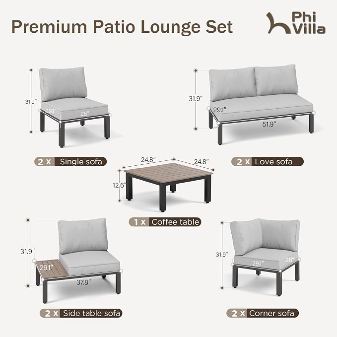 PHI VILLA 9 Pieces Metal Patio Furniture Set, Modular Outdoor Sectional Conversation Set with Coffee Table & Removable Light Grey Cushions - Perfect for Backyard & Garden