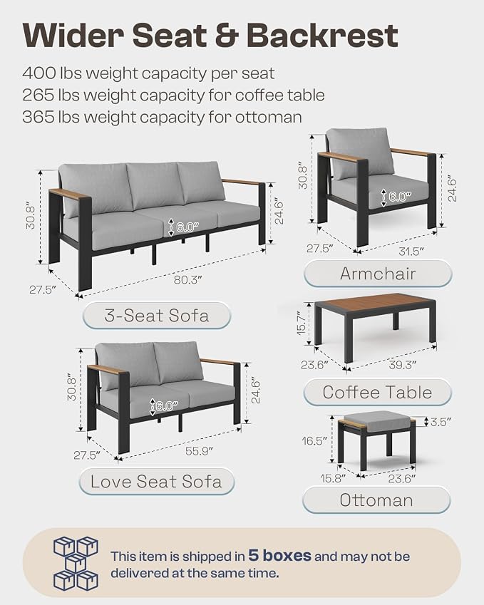 Aluminum Outdoor Patio Furniture Set with Coffee Table, 7 Piece Patio Conversation Sets with Thick Cushion, Ottomans, Patio Sectional Furniture Set for Porch, Balcony, Deck, Yard, Gray