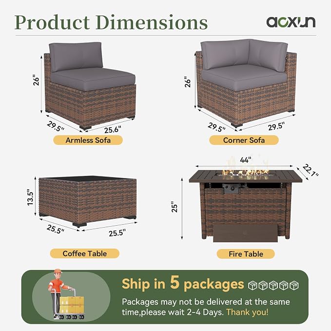 Aoxun 15 Piece Patio Furniture Set with 44” Fire Pit Table Wicker Rattan Outdoor Sectional Sofa Set with Coffee Table and Thickened Cushions, Grey